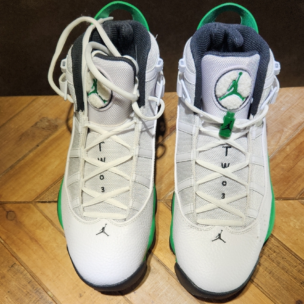 Men's JORDAN 6 RINGS White and Lucky Green Basketball Shoes SIZE 11